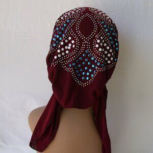 BURGUNDY Pre-Tied Stud Chemo Cap Slip On Bonnet Hijab Undercap # 1
